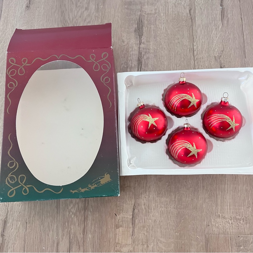 Vintage 4 PCs Hand Blown Hand Decorated Ornaments - Red With Gold Shooting Stars
